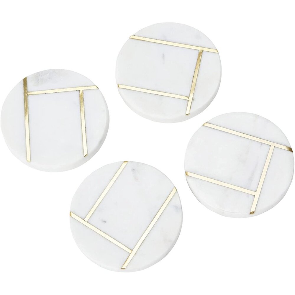 Creative Co-Op Round Marble Coasters with Brass Inlay, White, Set of 4/NWT